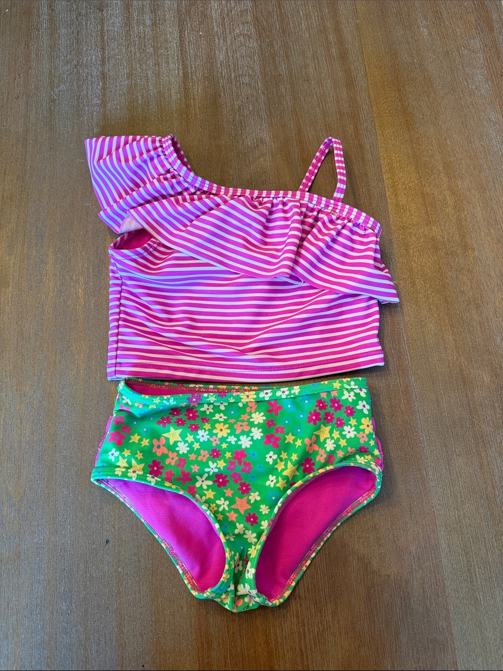 Ruffle Butts Pink Stripe Ruffle Top with Green Floral High-Waist Bottoms